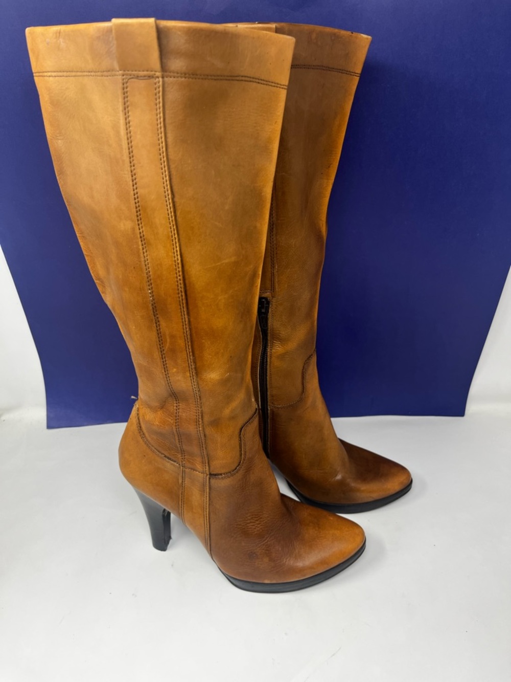Charles David Tan Leather Side-zip Heeled Knee High Boot 39